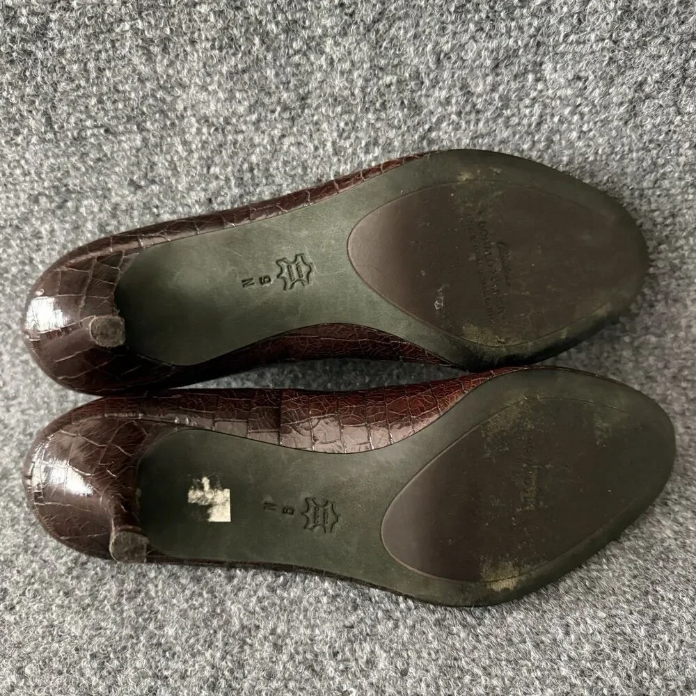 Donald J Pliner Tiff Brown Crocodile Embossed Slip-On Peep Toe Leather Pump 9N